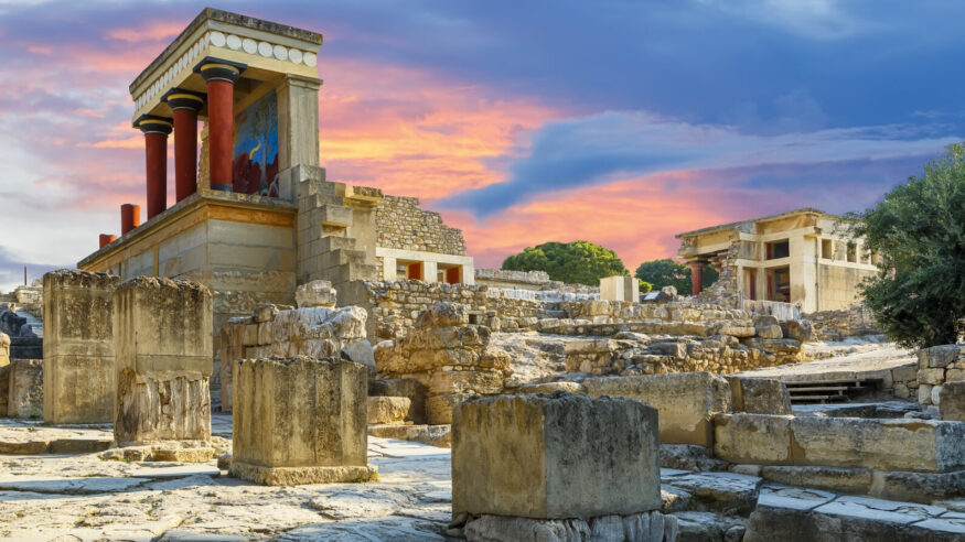 Knossos palace at Crete, Greece Knossos Palace, is the largest Bronze Age archaeological site on Crete and the ceremonial and political centre of the Minoan civilization and culture.
